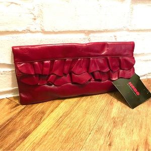 Hobo International Vintage Ruby Red Leather Ruffle Foldover Clutch NWT Y2K